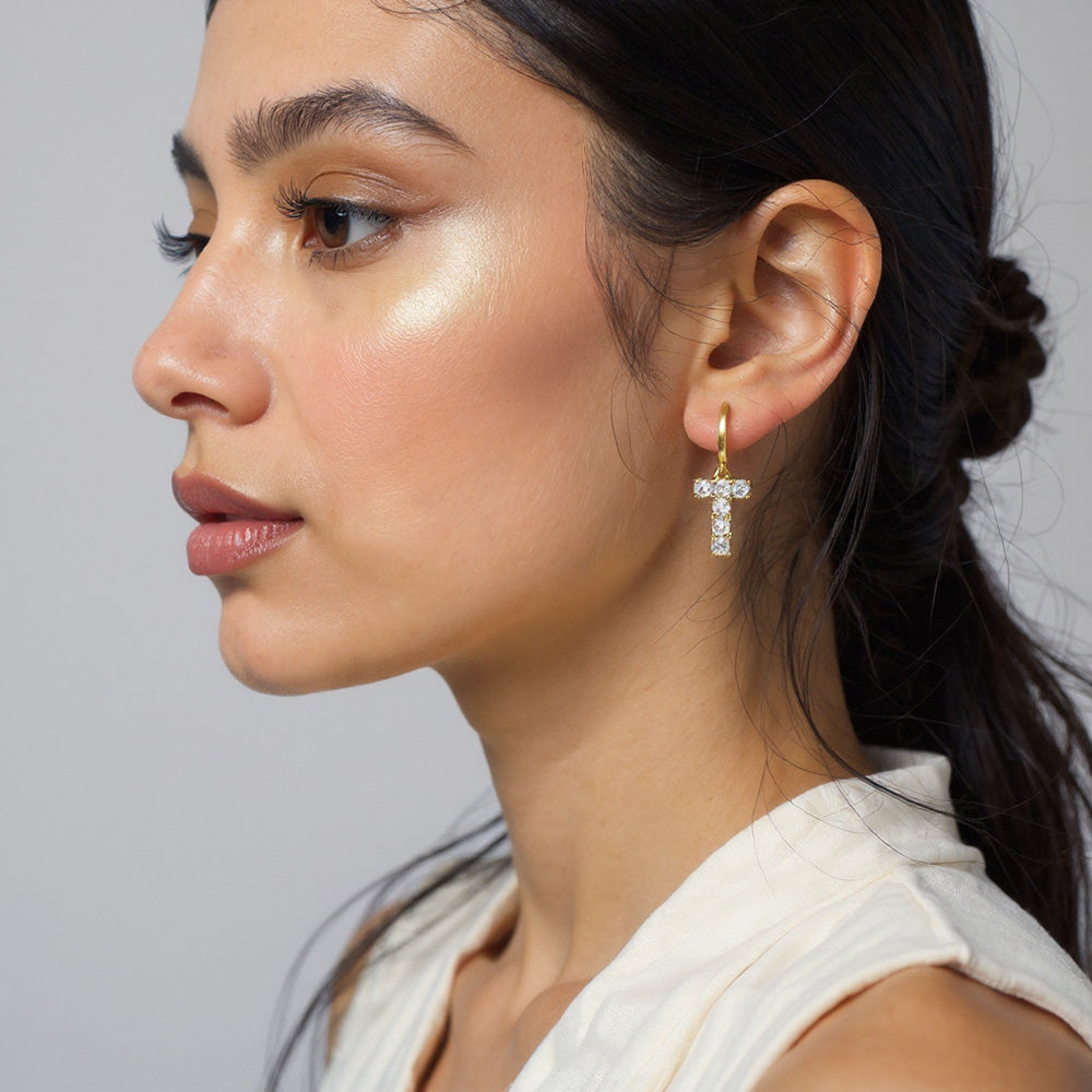 14K Gold Dipped T-Shaped CZ Stone Cluster Charm Dangle Huggie Hoop Earrings
