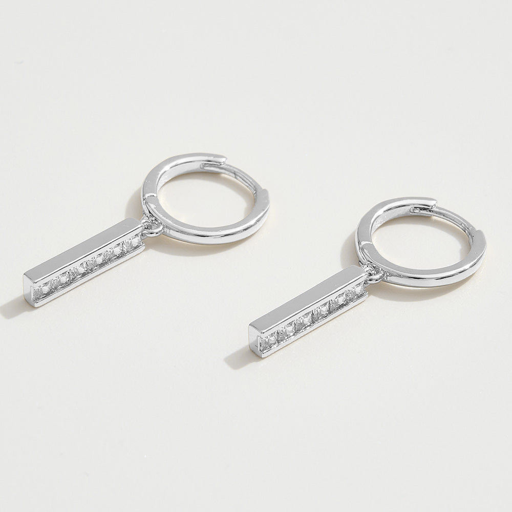 White Gold Dipped I-Shaped CZ Stone Cluster Charm Dangle Huggie Hoop Earrings