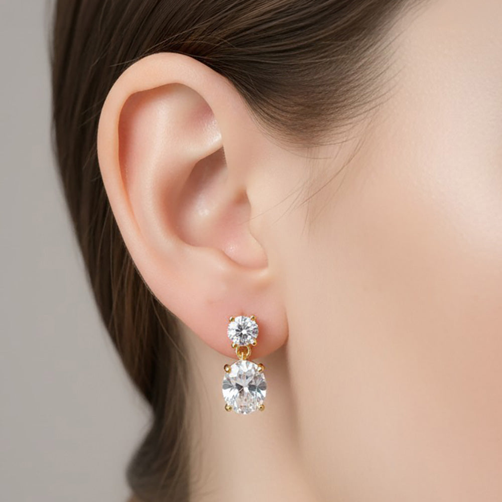 14K Gold Dipped Double Round CZ Drop Earrings