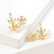 14K Gold Dipped CZ Flower Leaf Mini Half Hoop Earrings