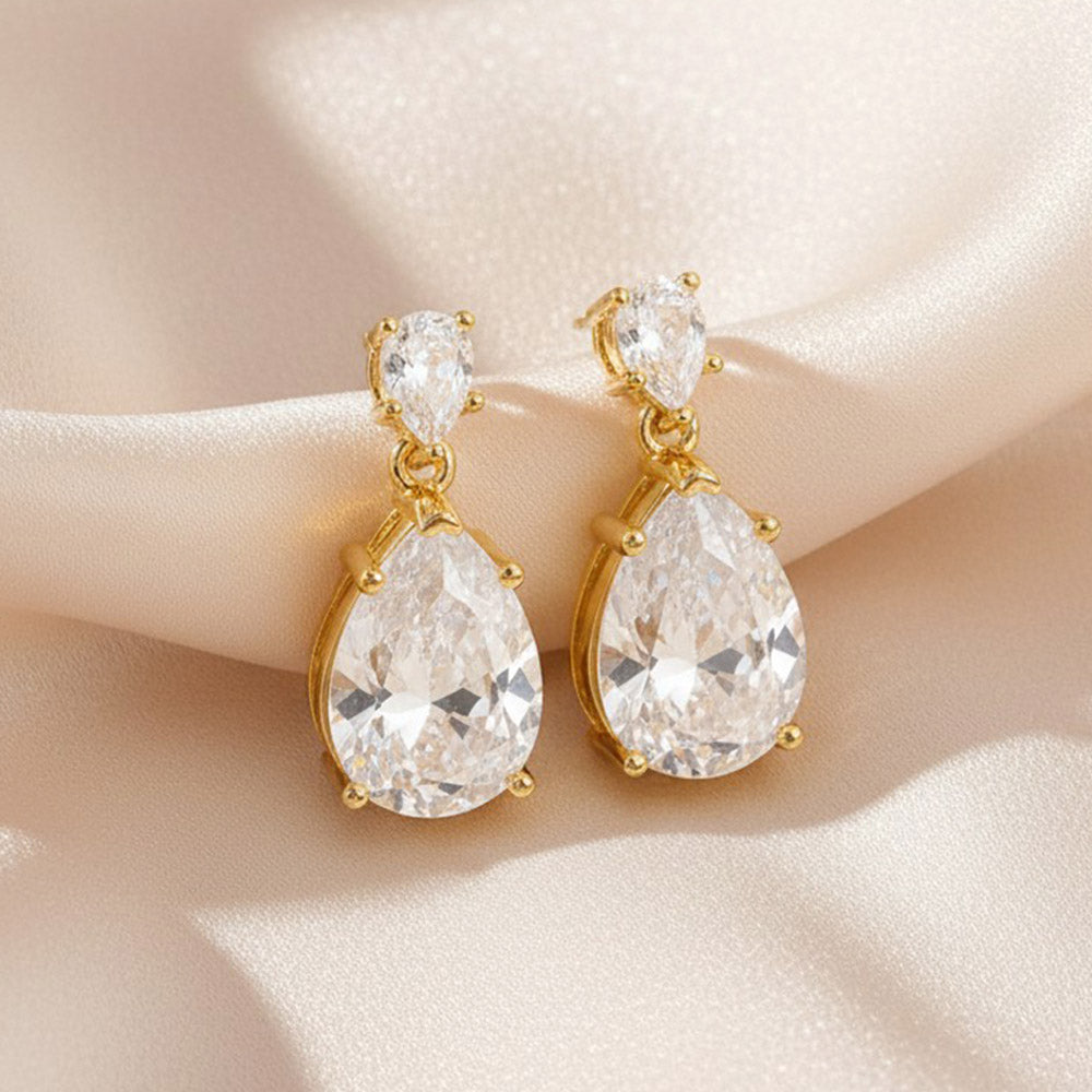 14K Gold Dipped Pear Shape CZ Drop Dangle Earrings