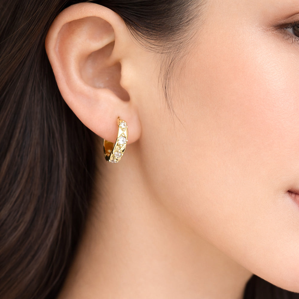 14K Gold Dipped CZ Lattice Huggie Hoop Earrings
