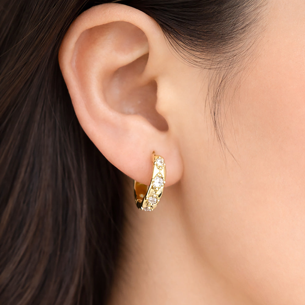 14K Gold Dipped CZ Lattice Huggie Hoop Earrings