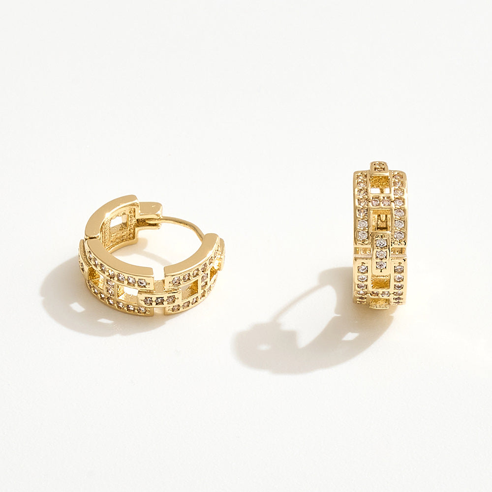 14K Gold Dipped Geometric CZ Pave Huggie Hoop Earrings