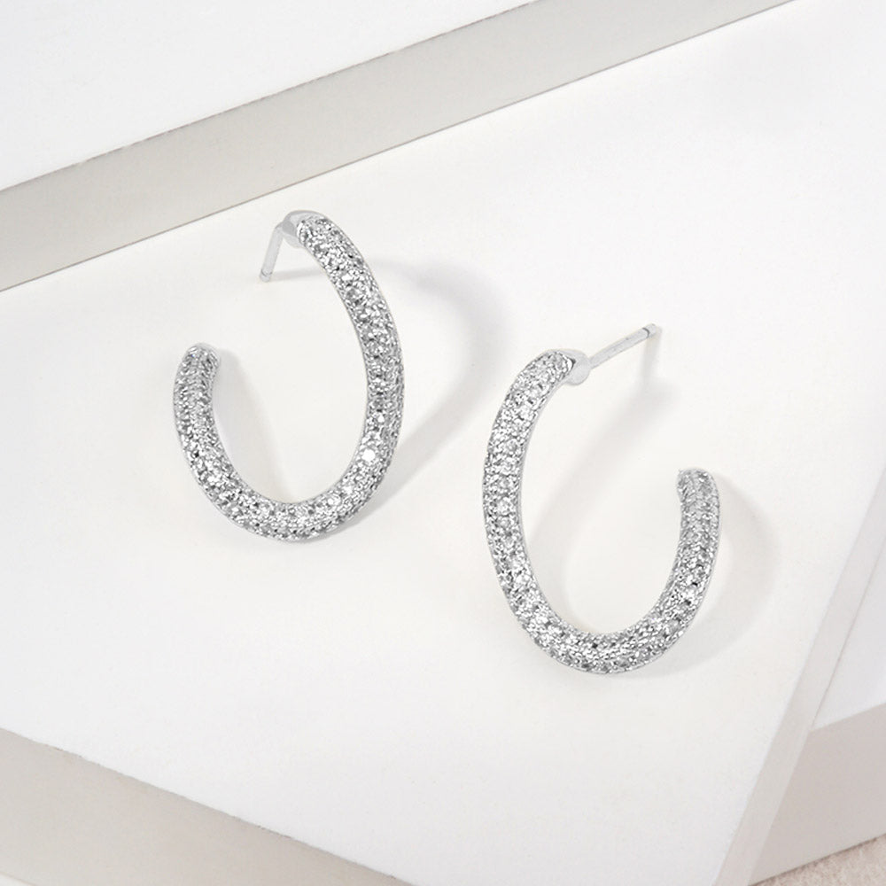 14K Gold Dipped CZ Pave Sculptural Curved Hoop Earrings