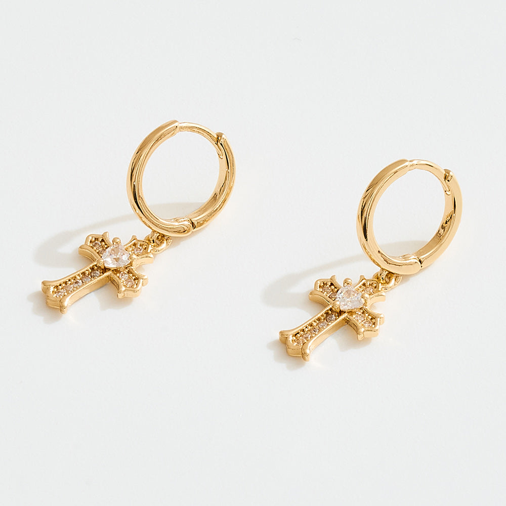 14K Gold Dipped Center CZ Stone Pave Cross Charm Drop Mini Huggie Hoop Earrings
