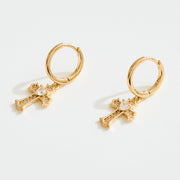 14K Gold Dipped Center CZ Stone Pave Cross Charm Drop Mini Huggie Hoop Earrings
