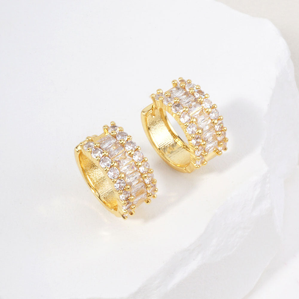 14K Gold Dipped Glam Baguette CZ Huggie Hoop Earrings