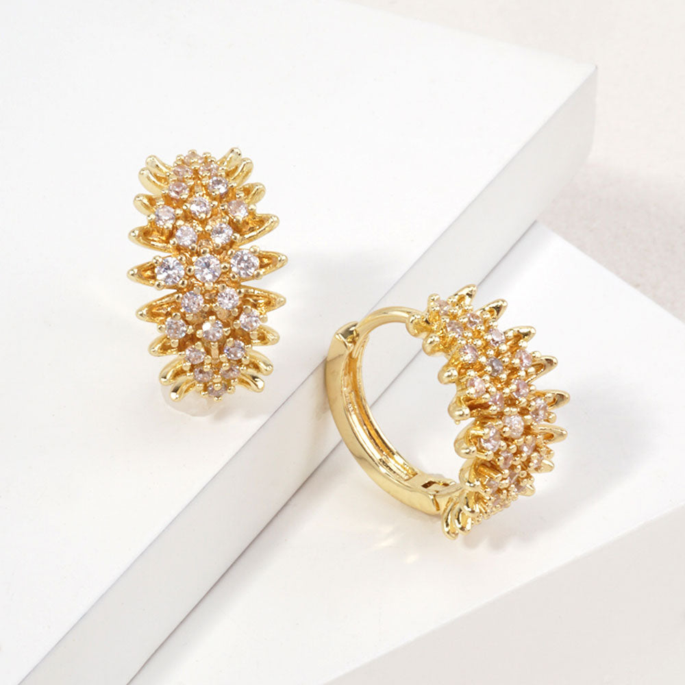 14K Gold Dipped CZ Pave Starburst Huggie Hoop Earrings