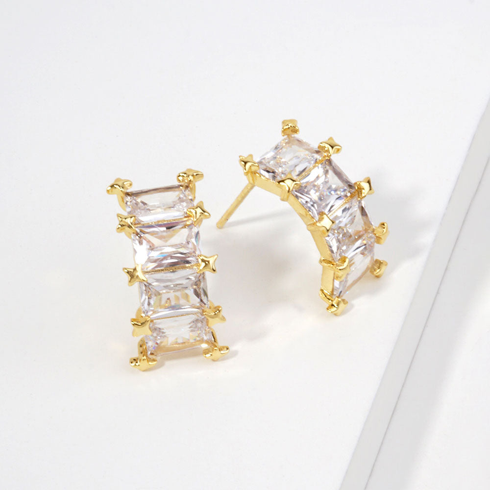 14K Gold Dipped Baguette CZ Climber Stud Earrings