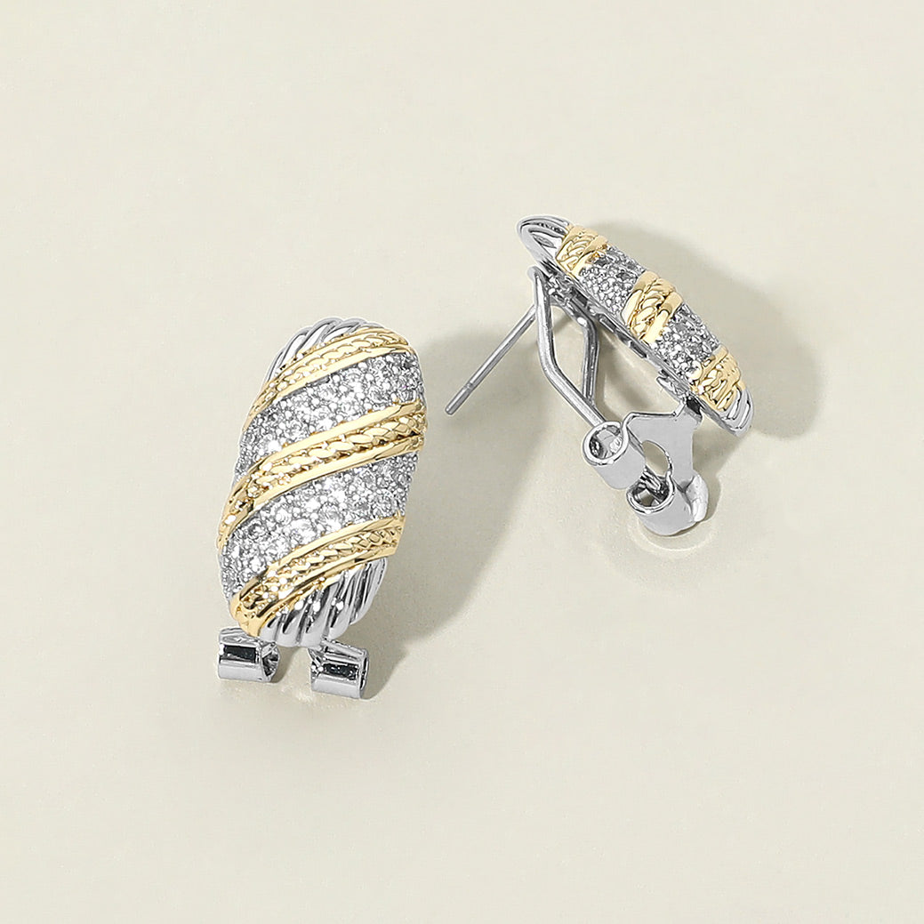 14K Gold Plated Two Tone CZ Stone Paved Oval Earrings