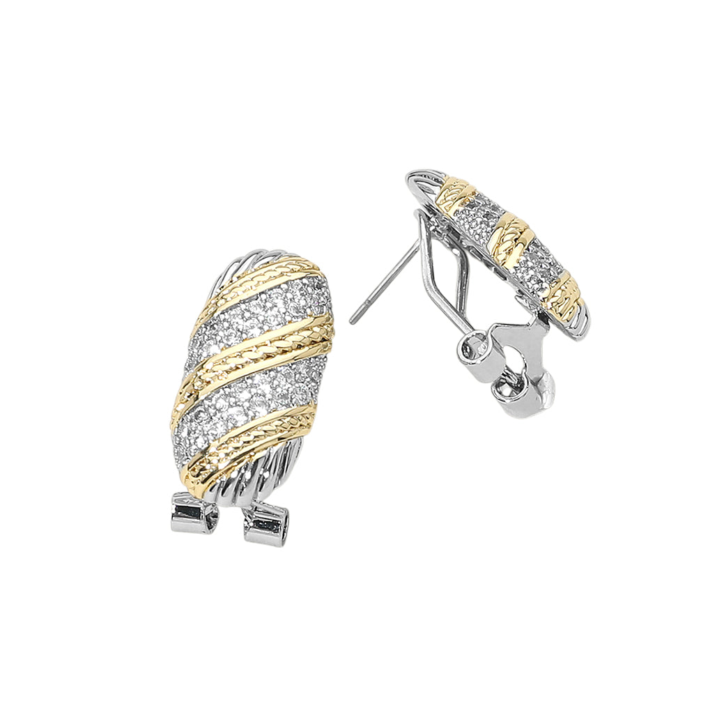 14K Gold Plated Two Tone CZ Stone Paved Oval Earrings