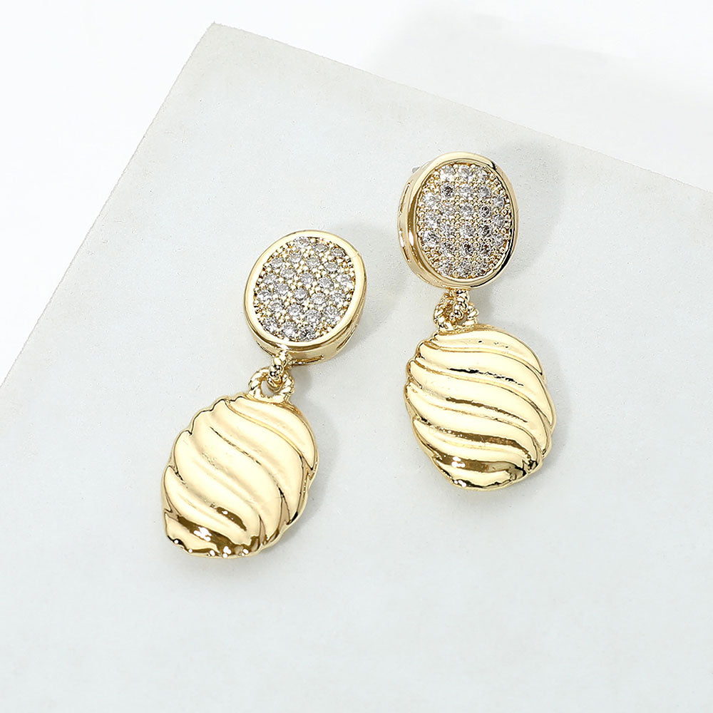 14K Gold Plated CZ Pave Textured Oval Charm Link Drop Earrings