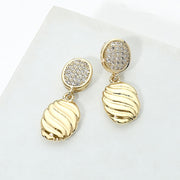 14K Gold Plated CZ Pave Textured Oval Charm Link Drop Earrings