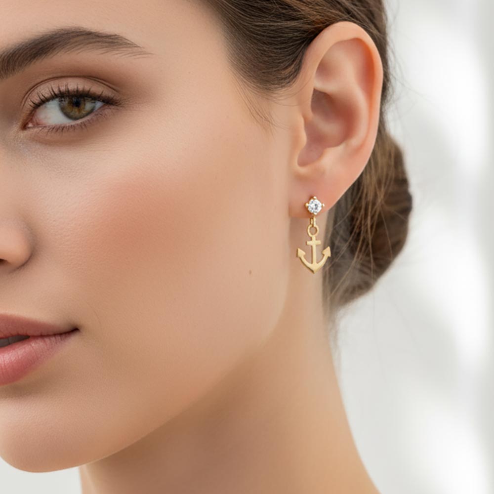 Gold Dipped CZ Accent Anchor Charm Drop Dangle Earrings