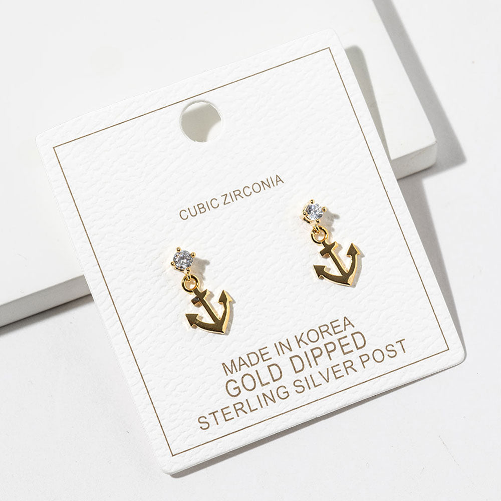 Gold Dipped CZ Accent Anchor Charm Drop Dangle Earrings