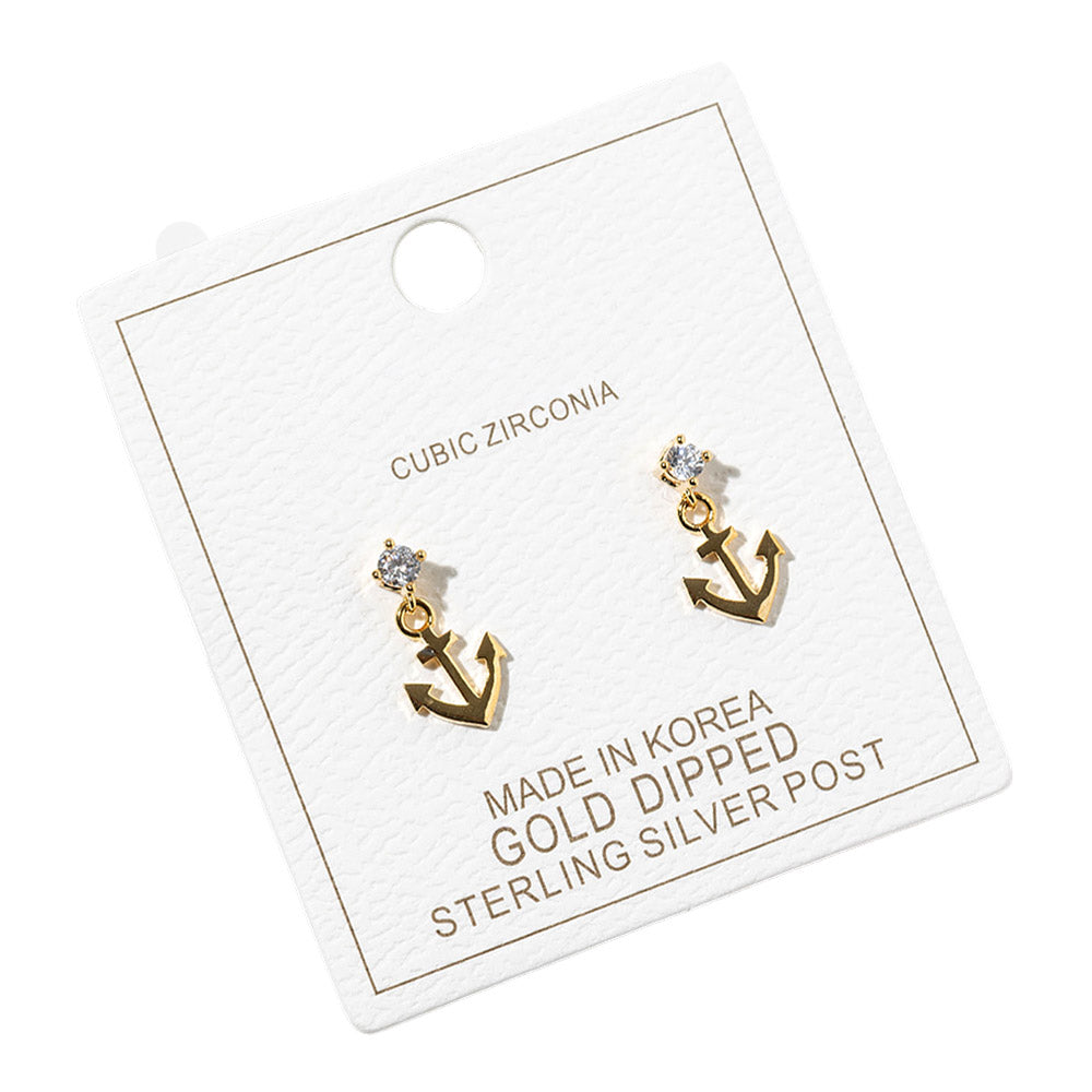 Gold Dipped CZ Accent Anchor Charm Drop Dangle Earrings