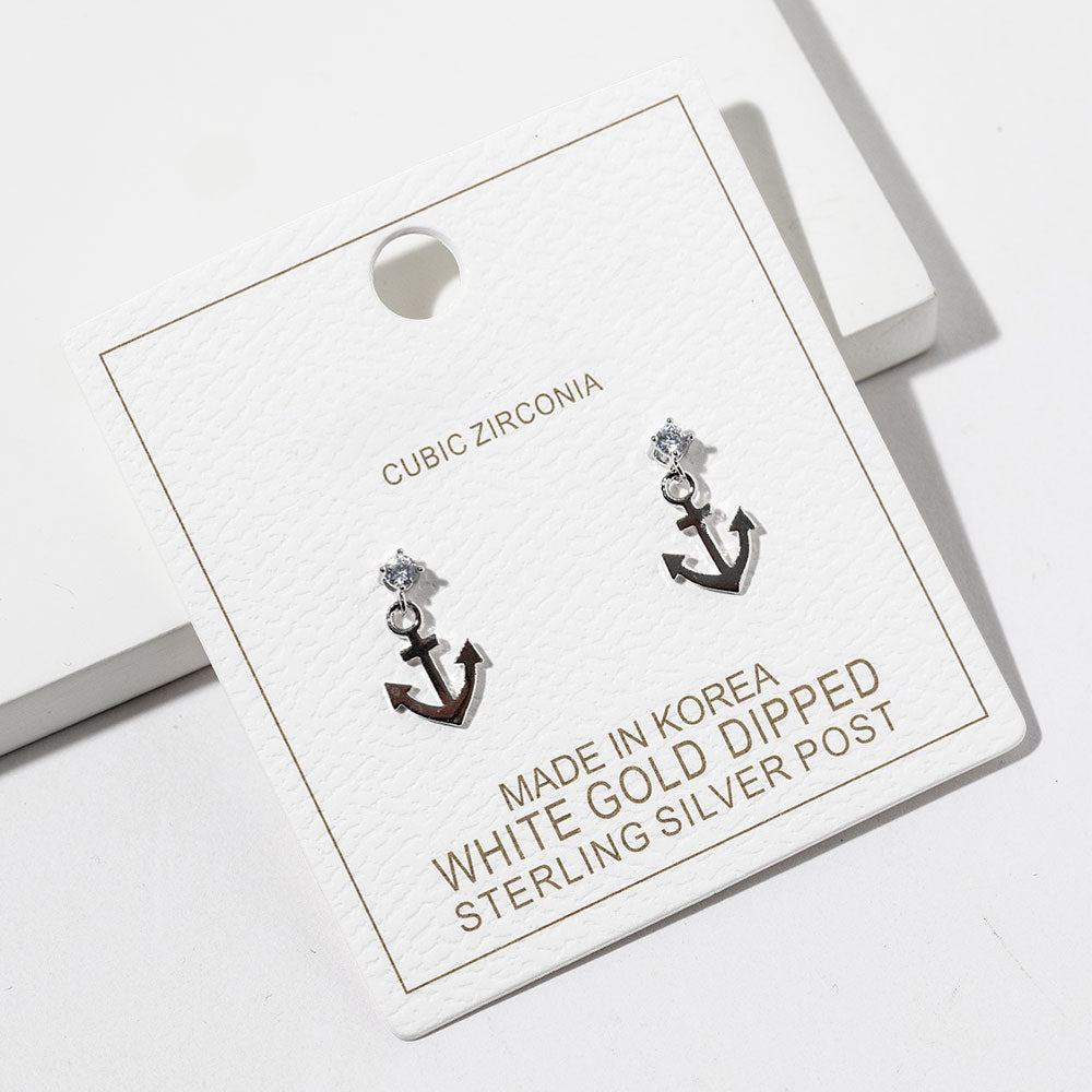 White Gold Dipped CZ Accent Anchor Charm Drop Dangle Earrings