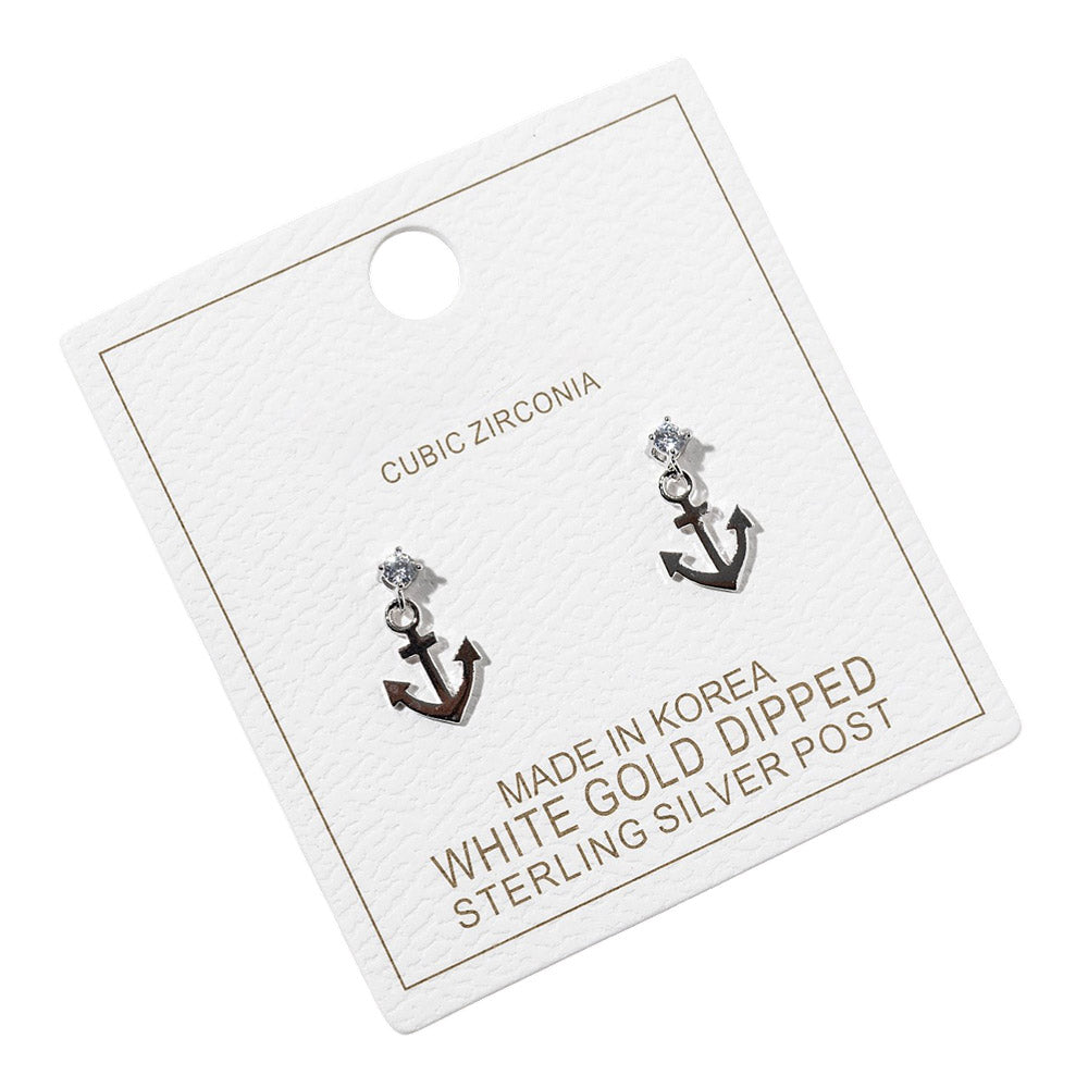 White Gold Dipped CZ Accent Anchor Charm Drop Dangle Earrings