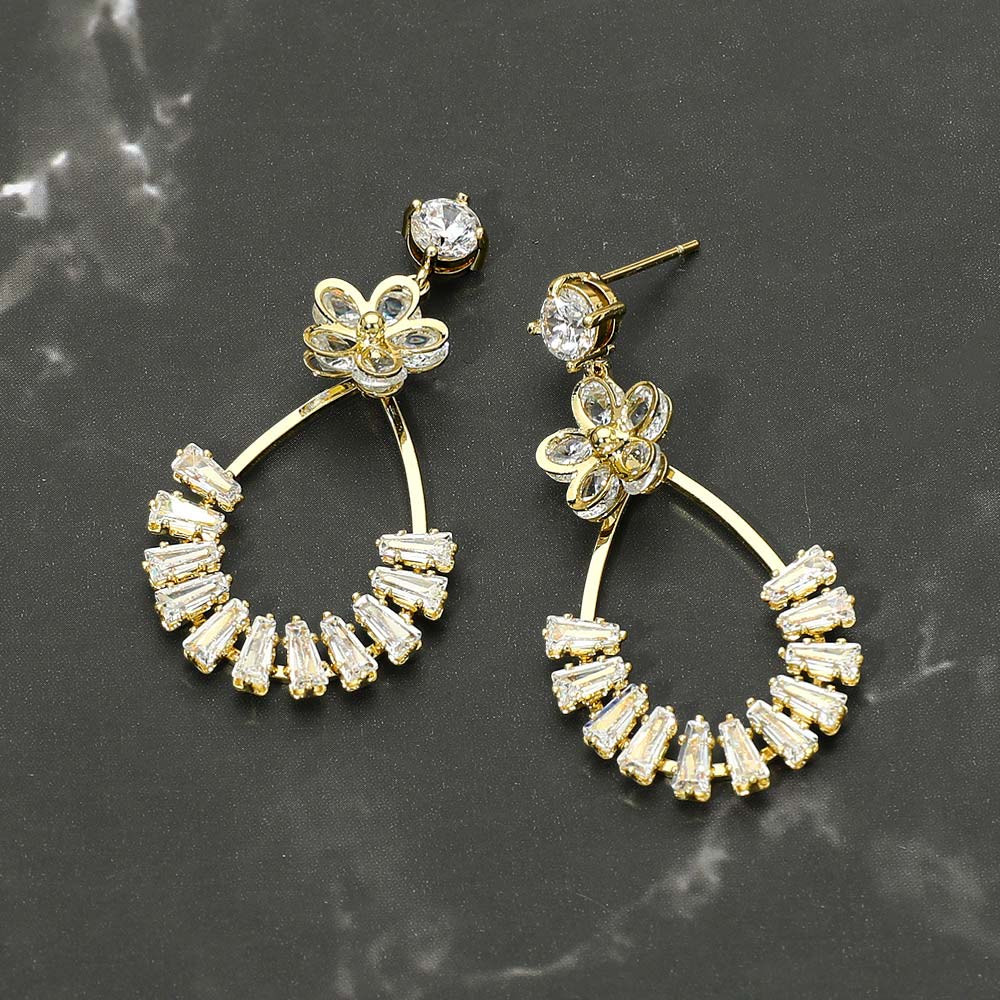 Gold Dipped CZ Flower Accent Baguette Stone Cluster Embellished Teardrop Drop Earrings