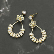 Gold Dipped CZ Flower Accent Baguette Stone Cluster Embellished Teardrop Drop Earrings
