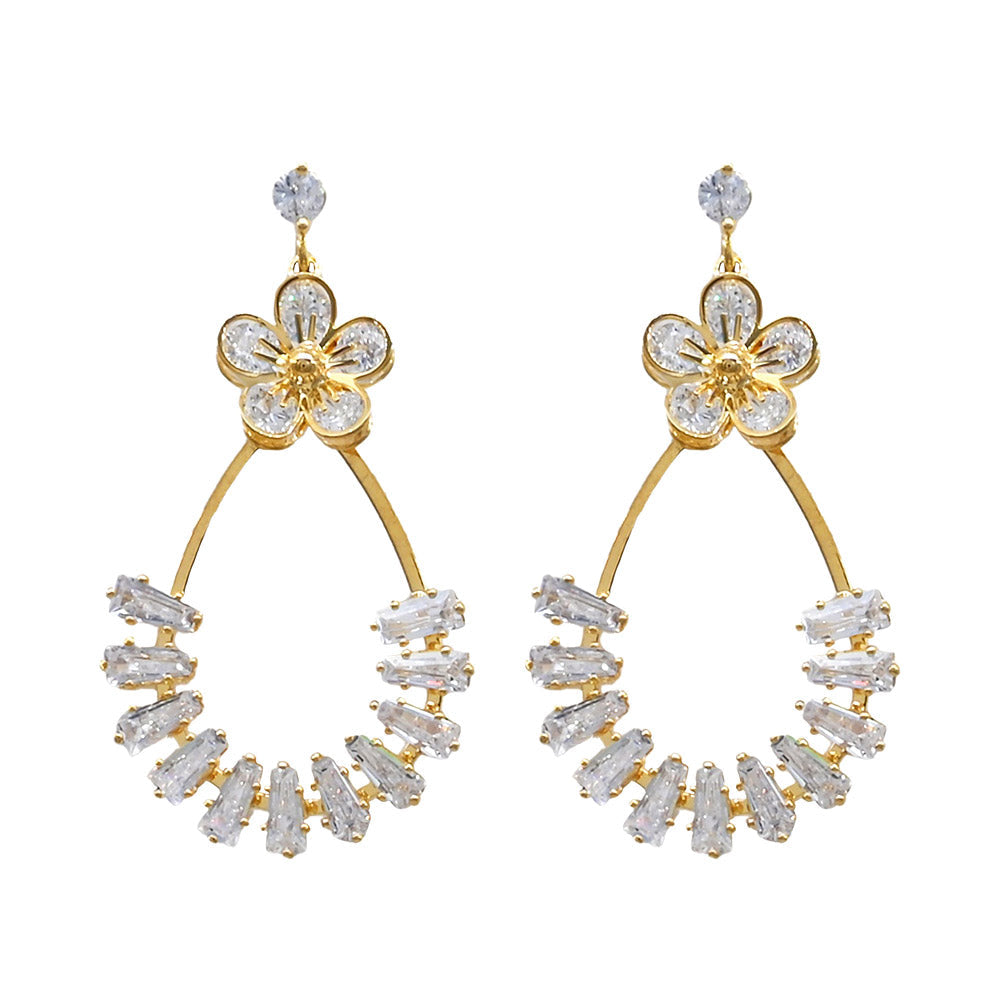 Gold Dipped CZ Flower Accent Baguette Stone Cluster Embellished Teardrop Drop Earrings
