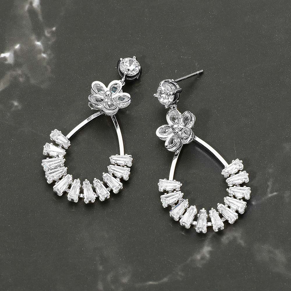 White Gold Dipped CZ Flower Accent Baguette Stone Cluster Embellished Teardrop Drop Earrings