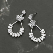 White Gold Dipped CZ Flower Accent Baguette Stone Cluster Embellished Teardrop Drop Earrings