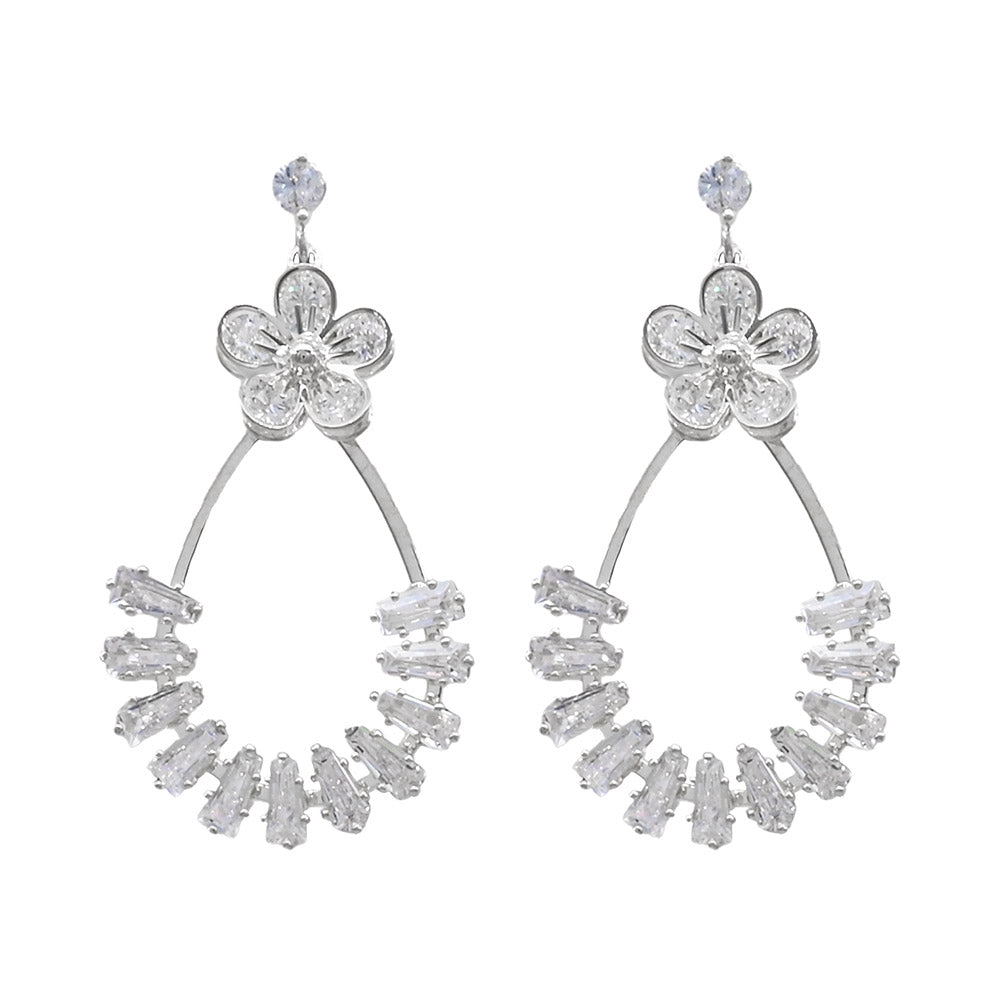 White Gold Dipped CZ Flower Accent Baguette Stone Cluster Embellished Teardrop Drop Earrings