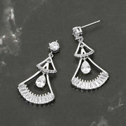 White Gold Dipped Teardrop CZ Cluster Accent Fan Drop Earrings