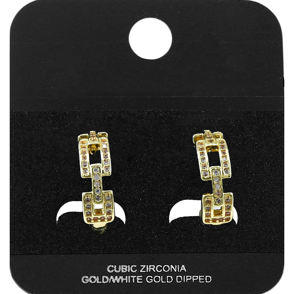 Gold Dipped CZ Pave Geometric Link Mini Open Hoop Earrings