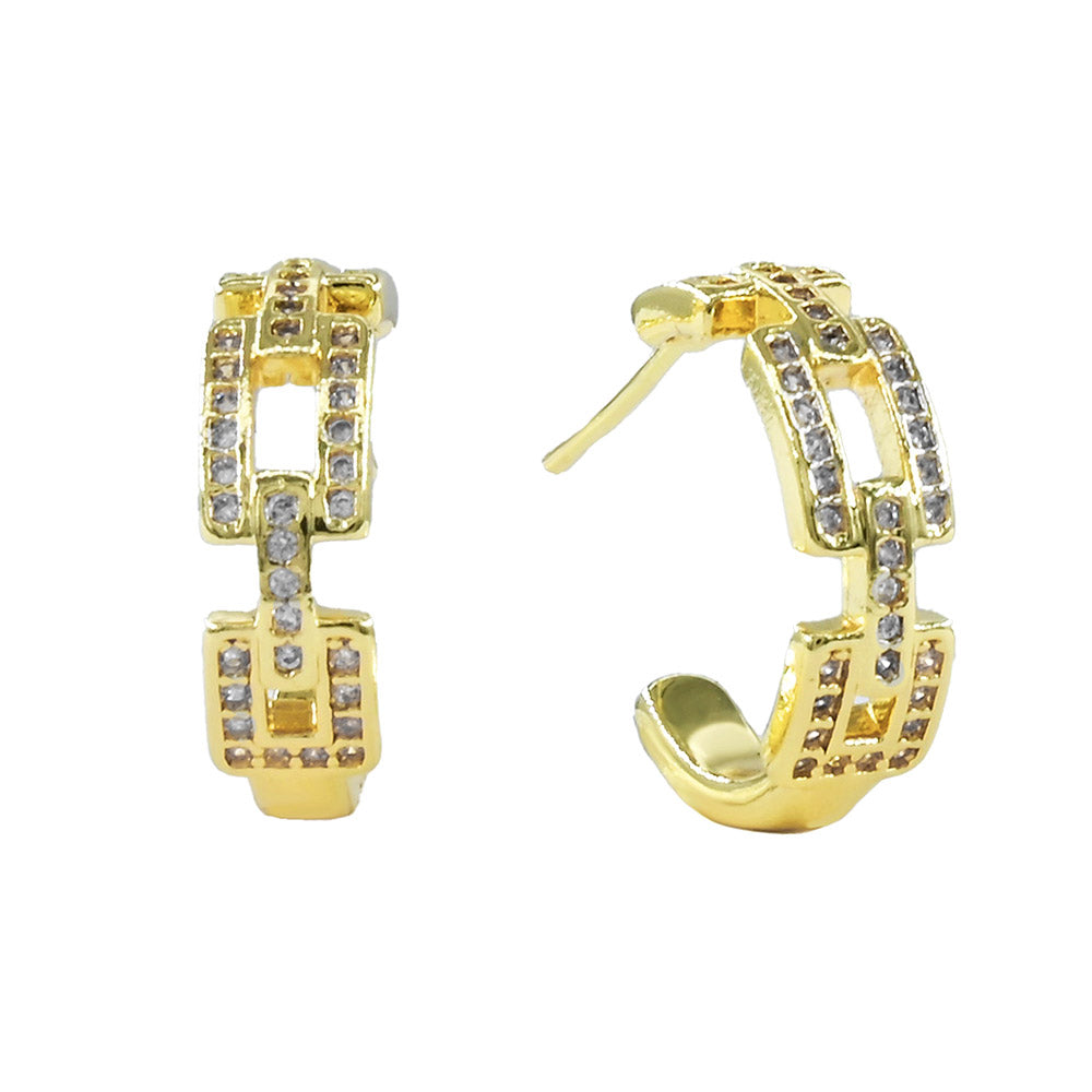 Gold Dipped CZ Pave Geometric Link Mini Open Hoop Earrings
