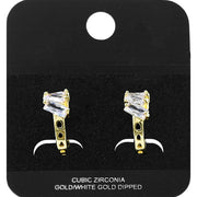 Gold Dipped Triple Baguette Cut CZ Cluster Accent Mini Open Hoop Earrings