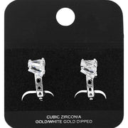 White Gold Dipped Triple Baguette Cut CZ Cluster Accent Mini Open Hoop Earrings