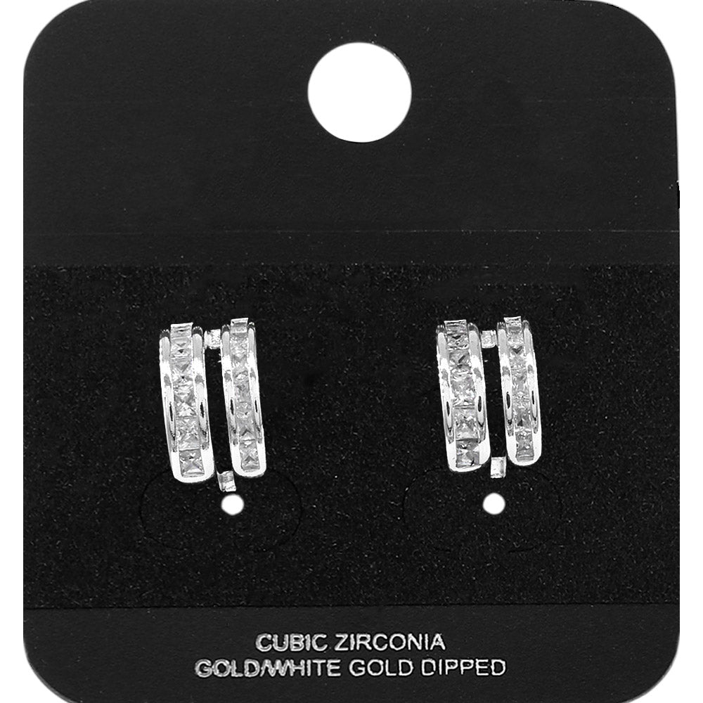 White Gold Dipped Double CZ Row Mini Open Hoop Earrings