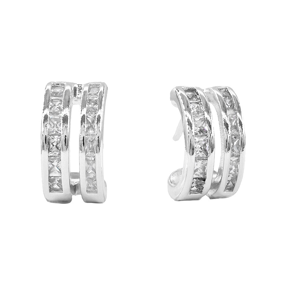 White Gold Dipped Double CZ Row Mini Open Hoop Earrings