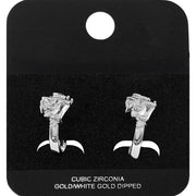 White Gold Dipped Triple Baguette CZ Accent Mini Open Hoop Earrings