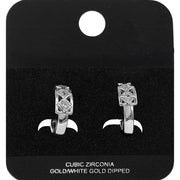 White Gold Dipped CZ Stone Accent Lattice Mini Open Hoop Earrings