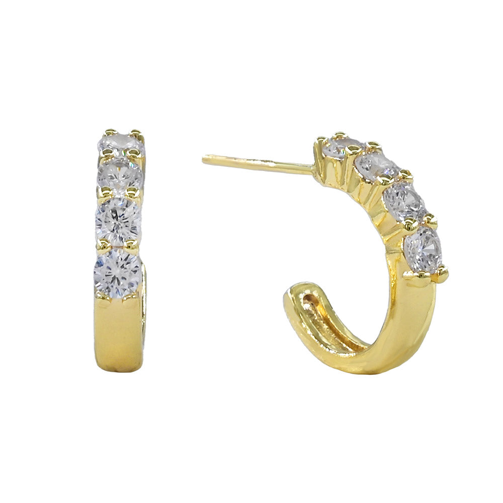 Gold Dipped Round CZ Stone Accent Mini Open Hoop Earrings