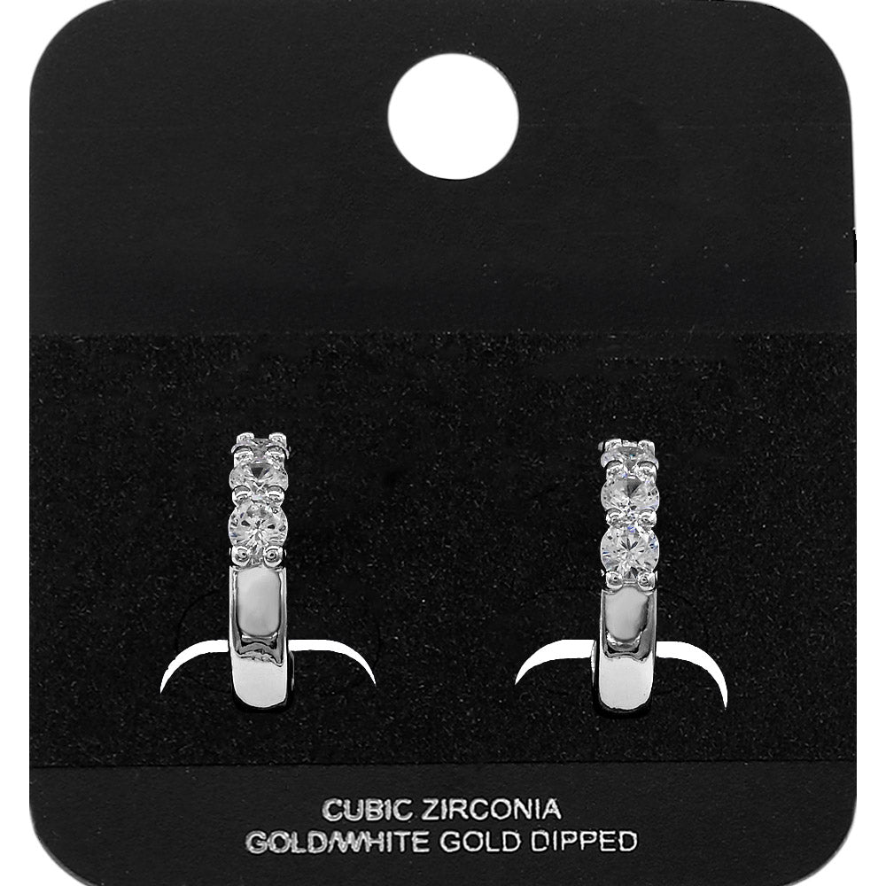 White Gold Dipped Round CZ Stone Accent Mini Open Hoop Earrings