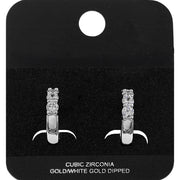 White Gold Dipped Round CZ Stone Accent Mini Open Hoop Earrings