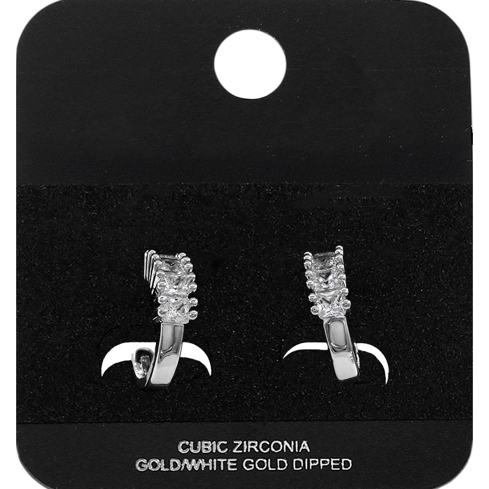 White Gold Dipped Princess Cut CZ Around Mini Open Hoop Earrings