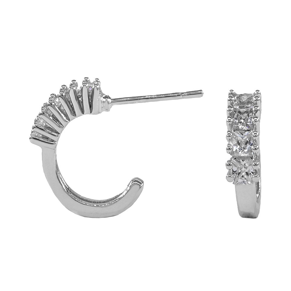 White Gold Dipped Princess Cut CZ Around Mini Open Hoop Earrings