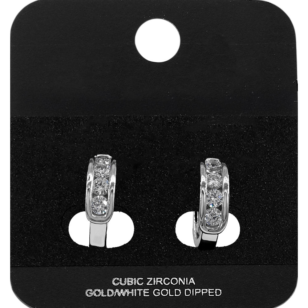 White Gold Dipped Round CZ Channel Mini Open Hoop Earrings