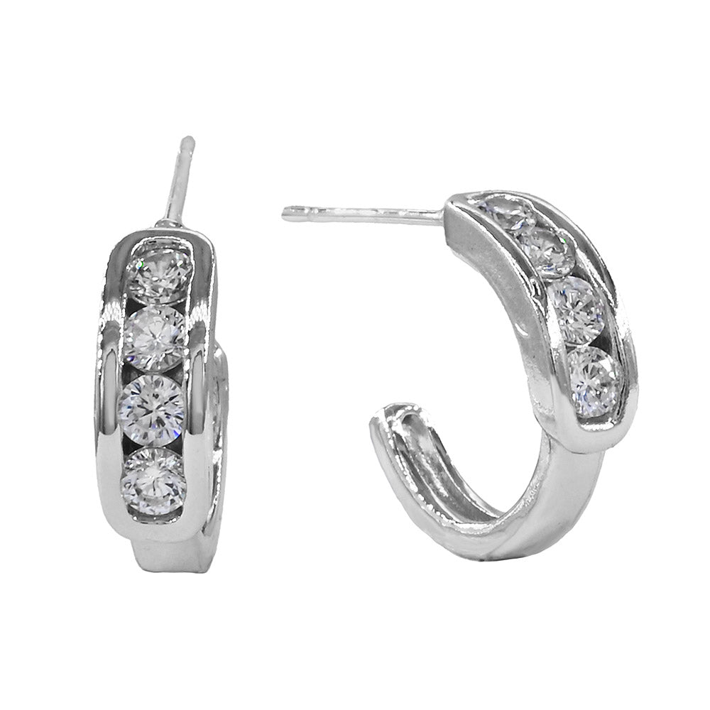 White Gold Dipped Round CZ Channel Mini Open Hoop Earrings