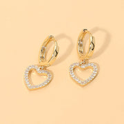 Stone Pave Open Heart Charm Drop Dangle Huggie Hoop Earrings