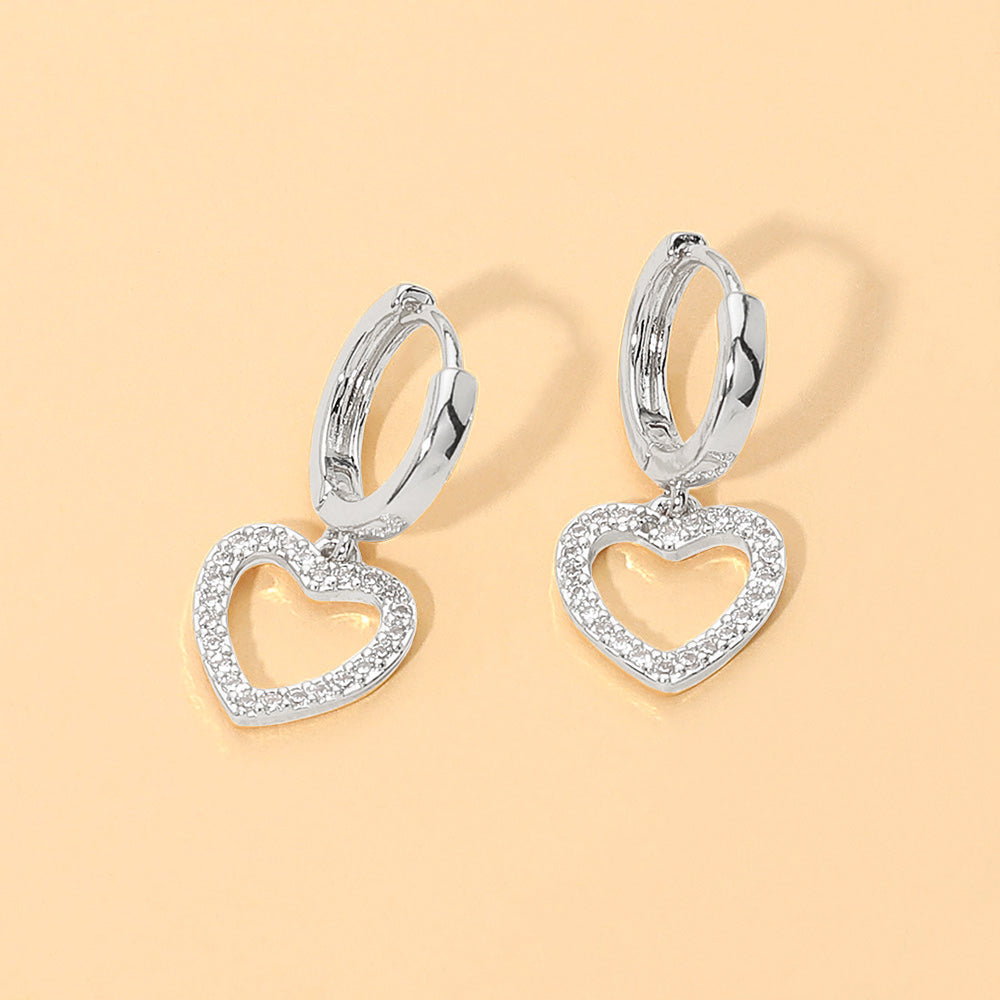 Stone Pave Open Heart Charm Drop Dangle Huggie Hoop Earrings