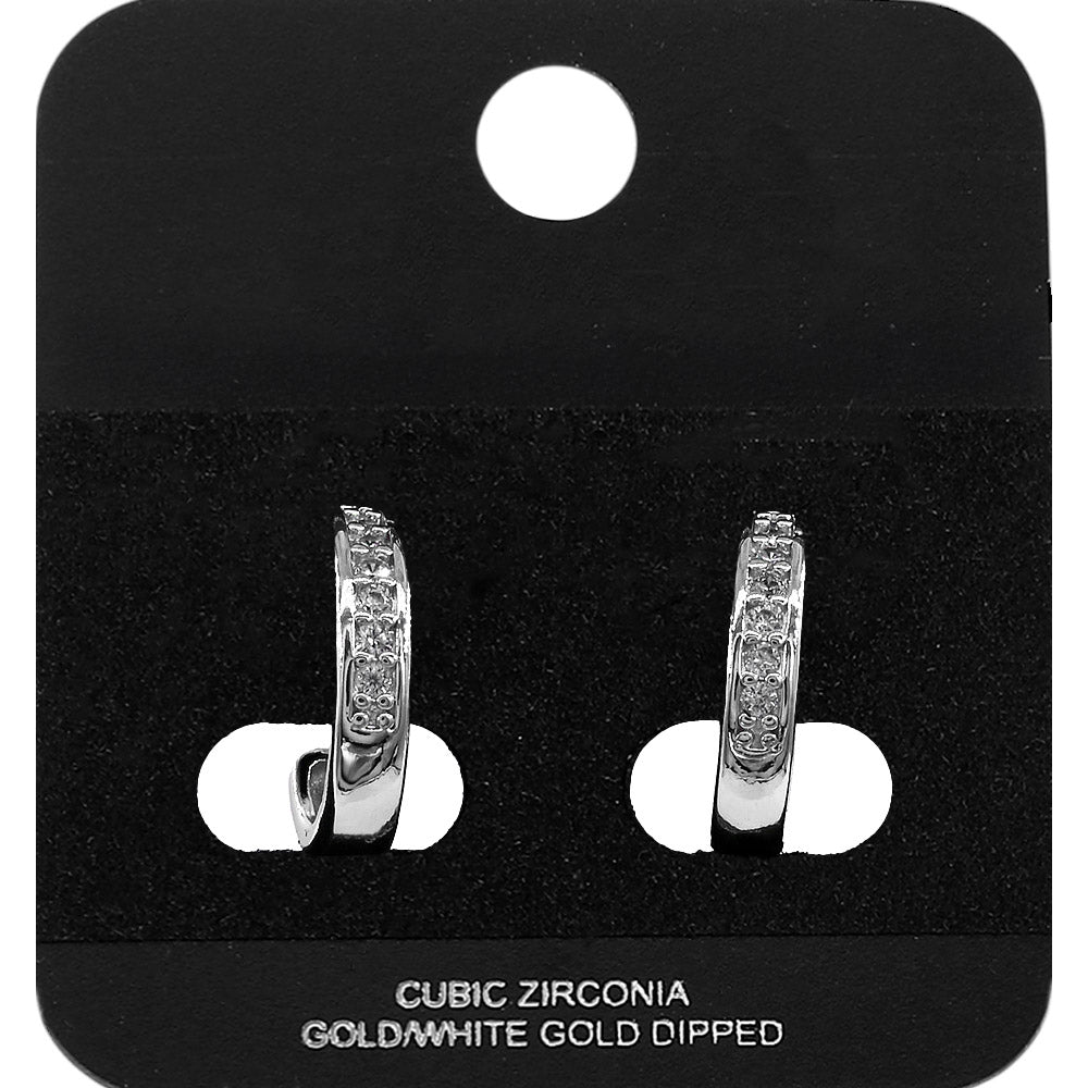 White Gold Dipped CZ Channel Mini Open Hoop Earrings