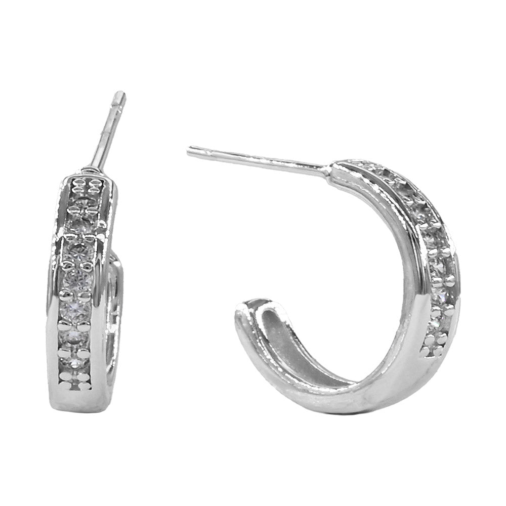White Gold Dipped CZ Channel Mini Open Hoop Earrings