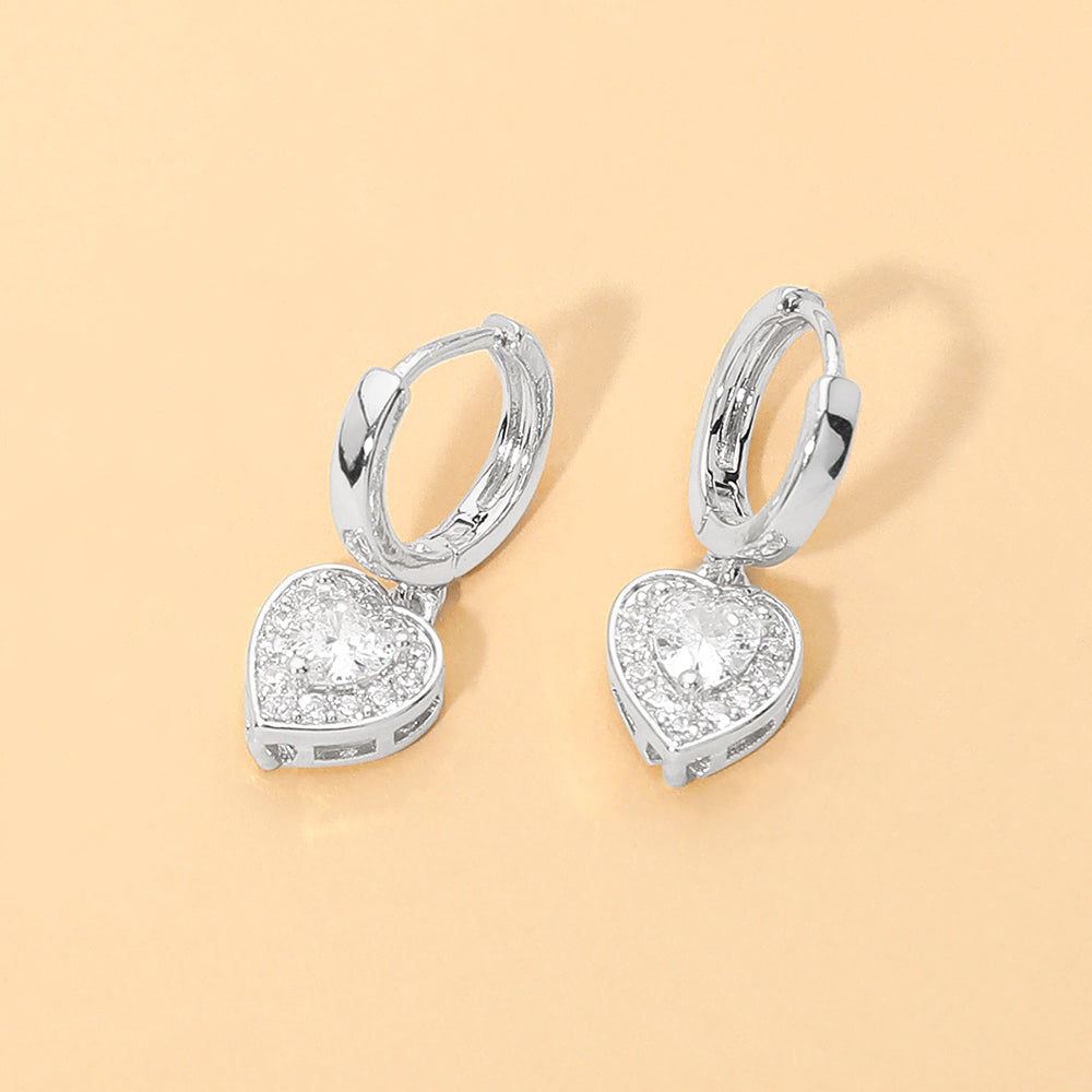 Sparkling Heart Charm Drop Dangle Huggie Hoop Earrings